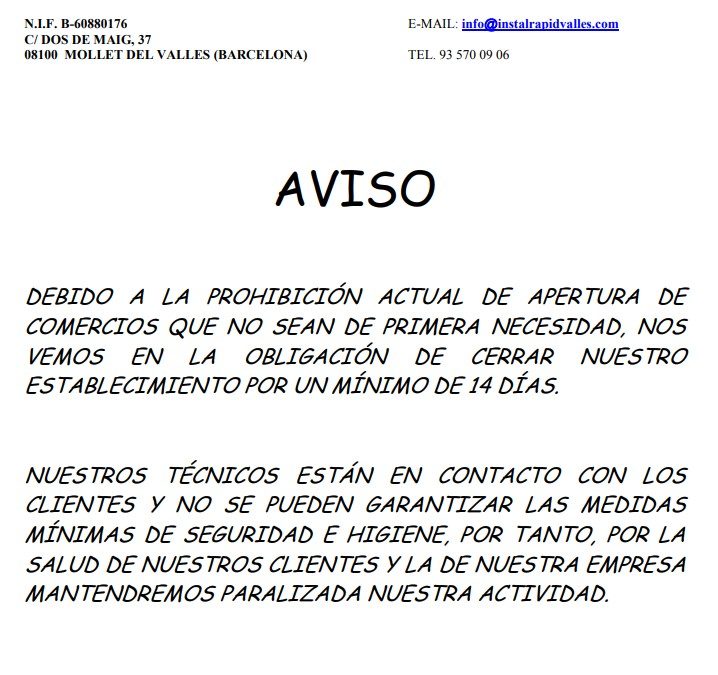 Instalrapid Vallès S.L. por el COVID-19, cerrado hasta el 27 de marzo 2020, mínimo